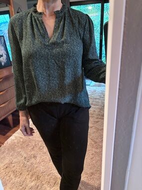 LOFT Green Dot-Print V-Neck Long-Sleeve Blouse